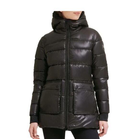 Kenneth Cole Women's Sherpa-Lined Zip-Up Puffer Jacket Black Sz XL Hood/Side zip - Picture 1 of 8